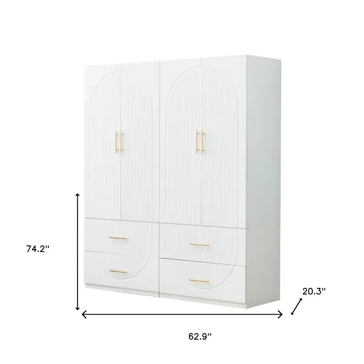 74" White Carved Geometric Four Door Four Drawer Combo Dresser