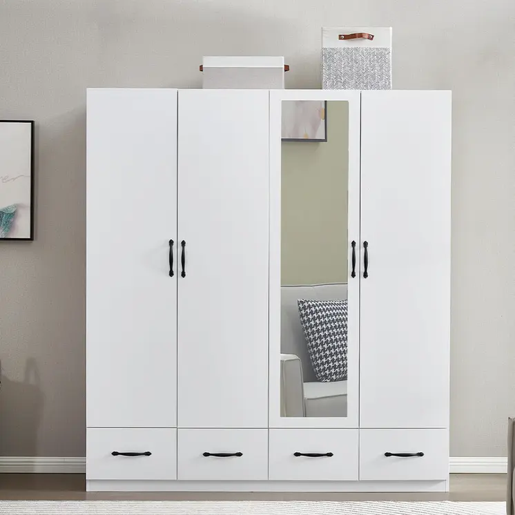 74" White Mirrored Four Door Four Drawer Combo Dresser