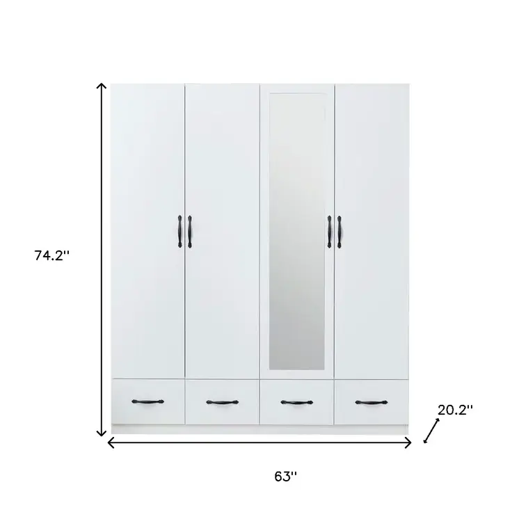 74" White Mirrored Four Door Four Drawer Combo Dresser