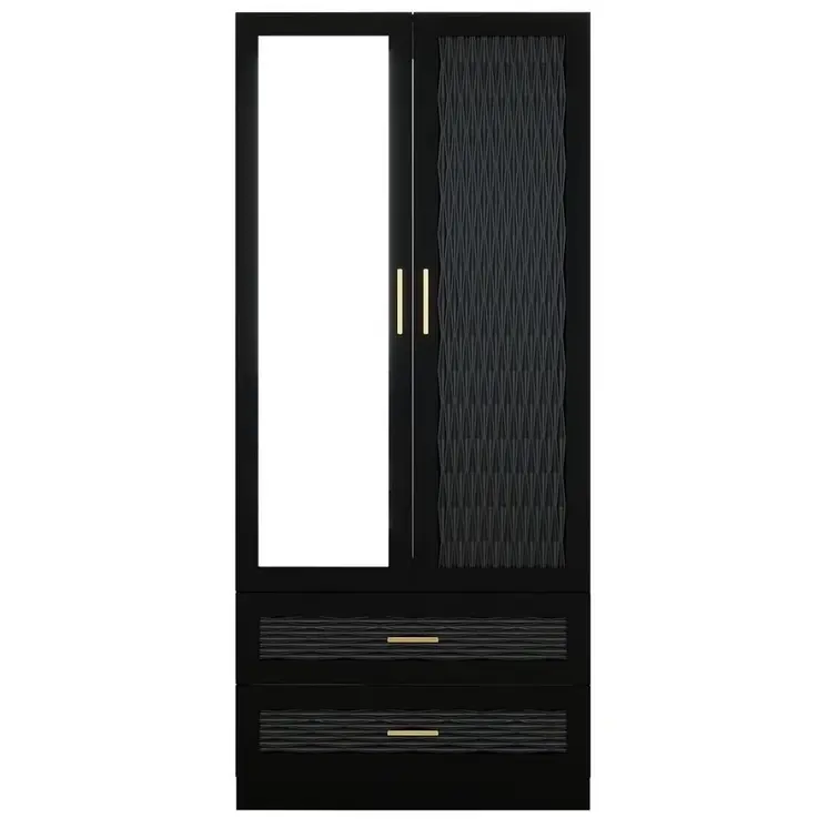 71" Black Carved Geometric And Mirrored Two Door Two Drawer Combo Dresser