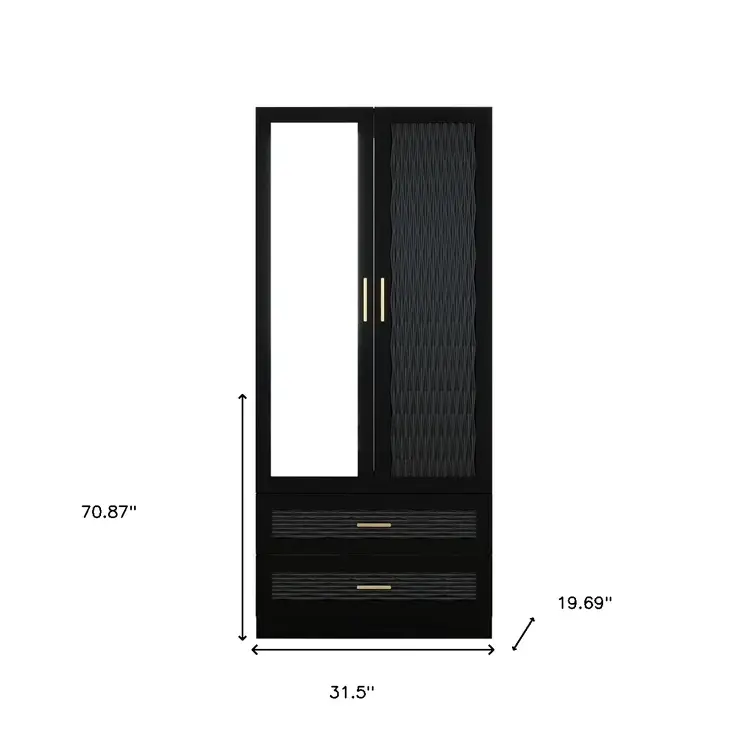 71" Black Carved Geometric And Mirrored Two Door Two Drawer Combo Dresser