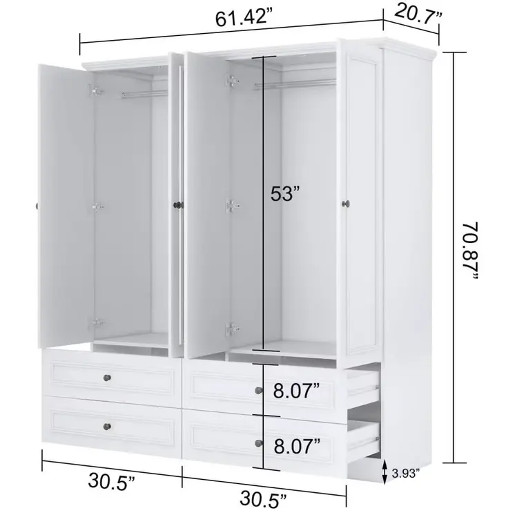 71" White Carved Geometric Mirrored Four Door Four Drawer Combo Dresser