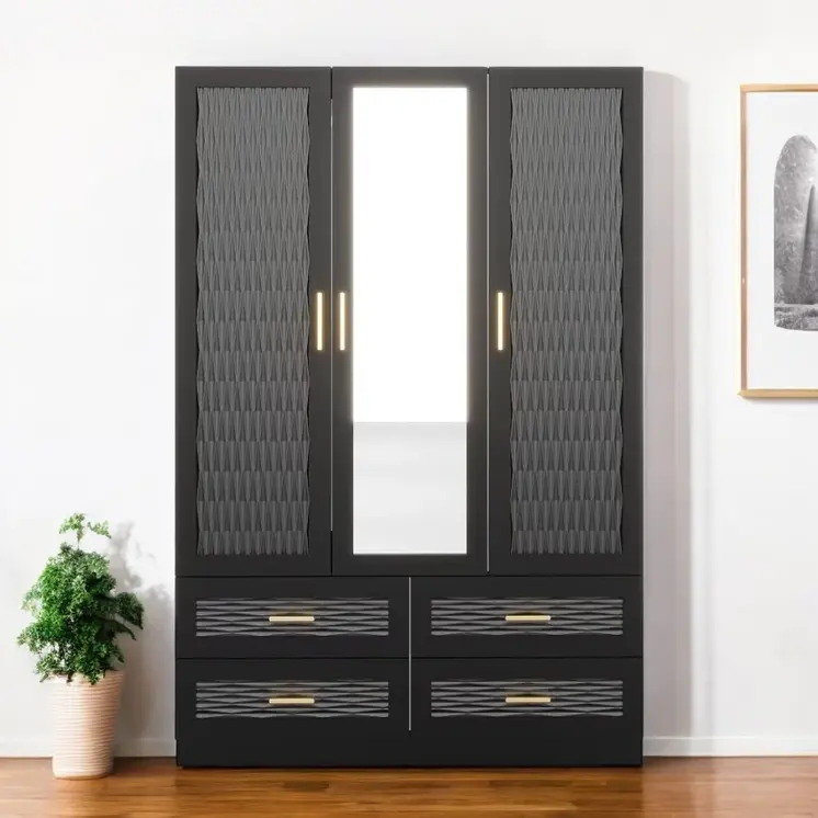 71" Black Carved Geometric Mirrored Three Door Four Drawer Combo Dresser