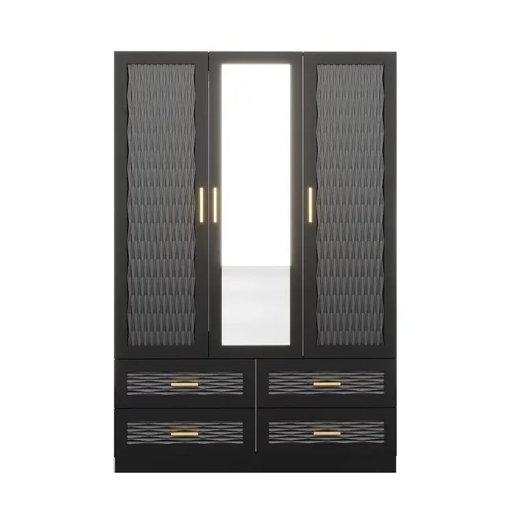 71" Black Carved Geometric Mirrored Three Door Four Drawer Combo Dresser