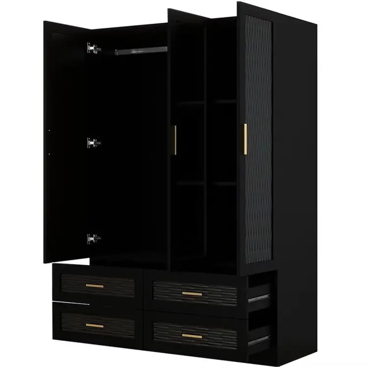 71" Black Carved Geometric Mirrored Three Door Four Drawer Combo Dresser