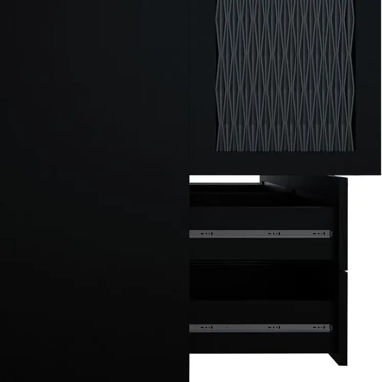 71" Black Carved Geometric Mirrored Three Door Four Drawer Combo Dresser