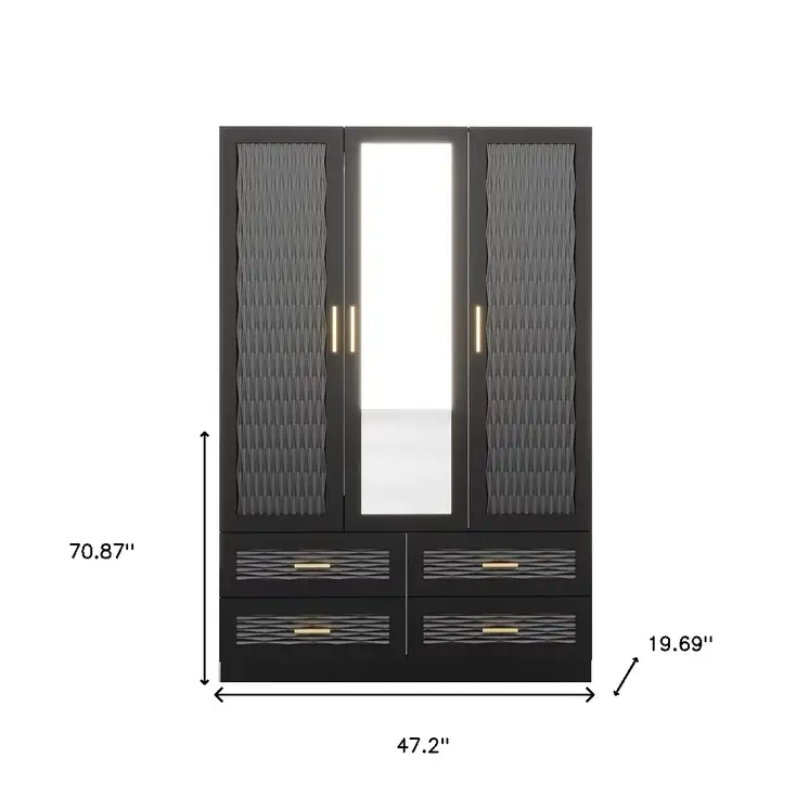 71" Black Carved Geometric Mirrored Three Door Four Drawer Combo Dresser
