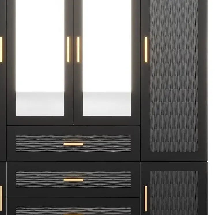 71" Black Gray And Gold Carved Geometric Mirrored Six Door Three Drawer Combo Dresser