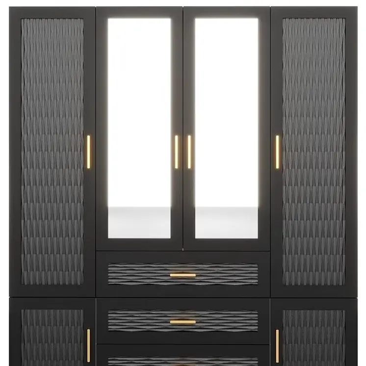 71" Black Gray And Gold Carved Geometric Mirrored Six Door Three Drawer Combo Dresser