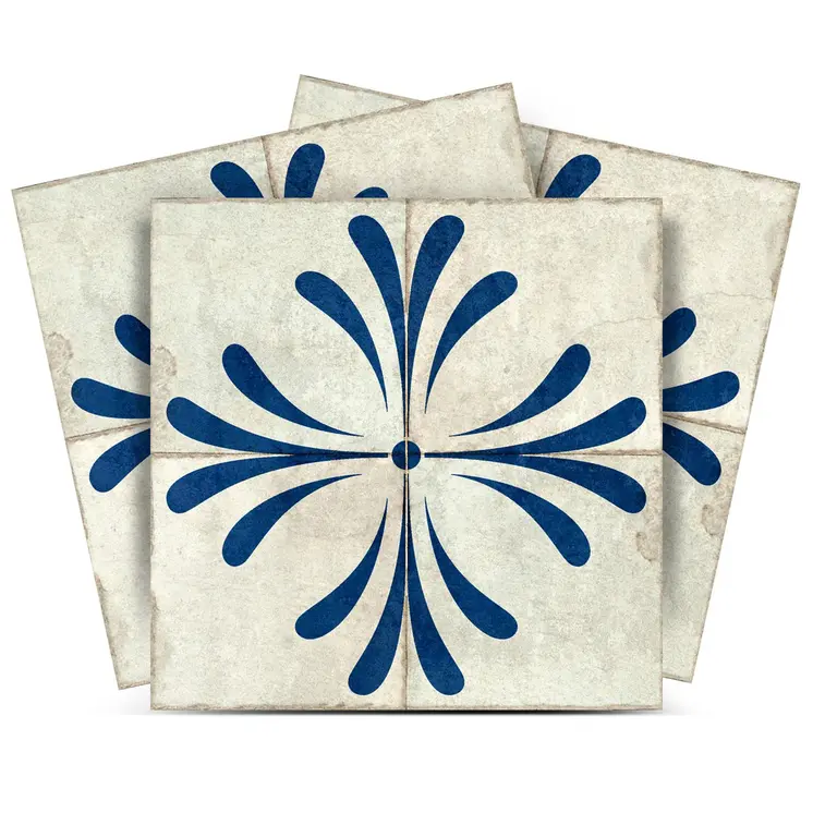 7" x 7" Blue Vinyl Arabesque Peel And Stick Removable Tiles
