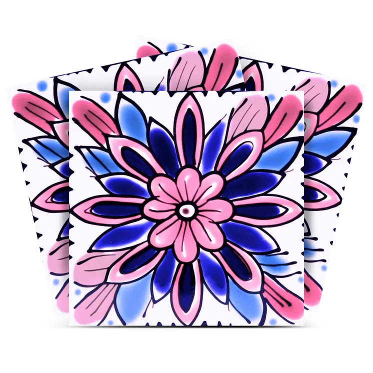 4" x 4" Blue And Pink Vinyl Arabesque Peel And Stick Removable Tiles