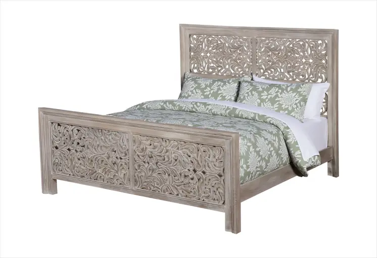 Gray Carved Scrollwork Distressed Solid Wood King Bed Frame