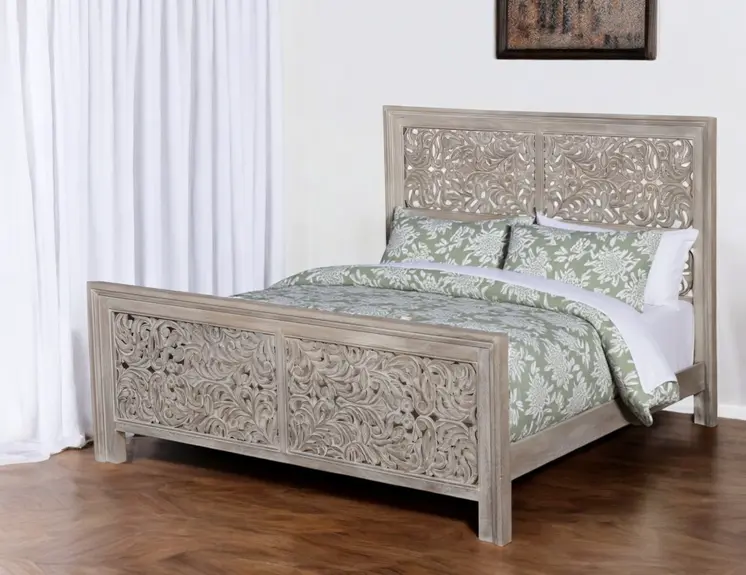 Gray Carved Scrollwork Distressed Solid Wood King Bed Frame