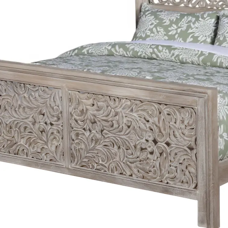 Gray Carved Scrollwork Distressed Solid Wood King Bed Frame
