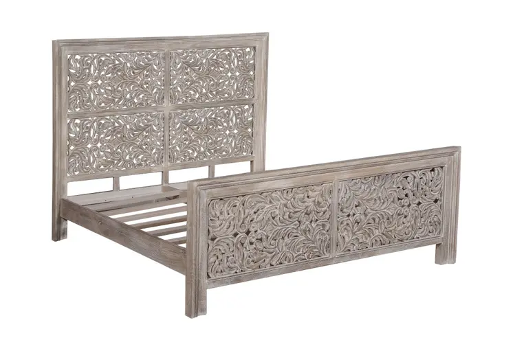 Gray Carved Scrollwork Distressed Solid Wood King Bed Frame
