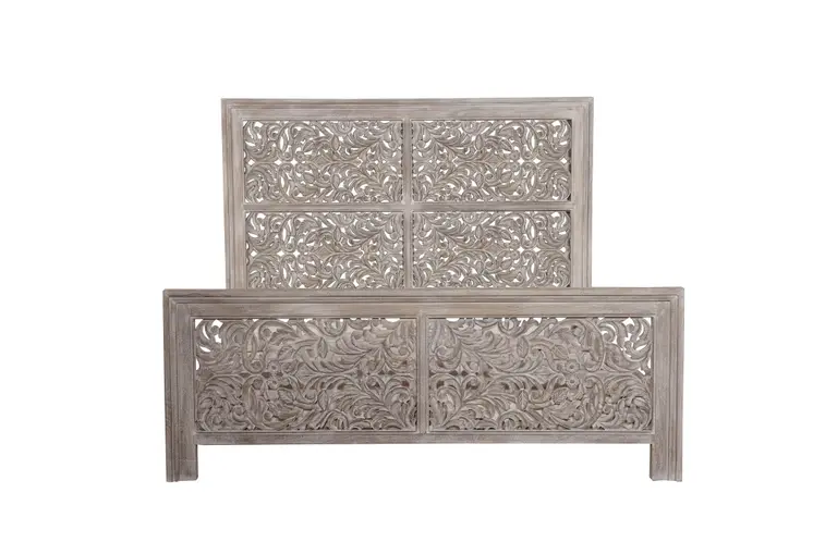 Gray Carved Scrollwork Distressed Solid Wood King Bed Frame