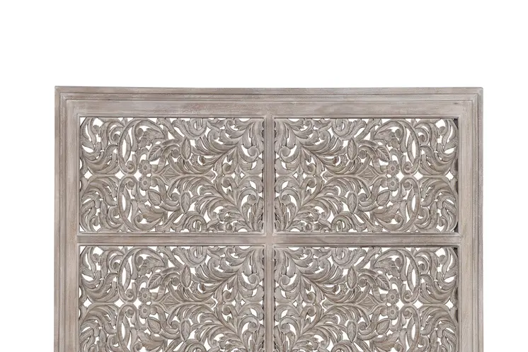 Gray Carved Scrollwork Distressed Solid Wood King Bed Frame