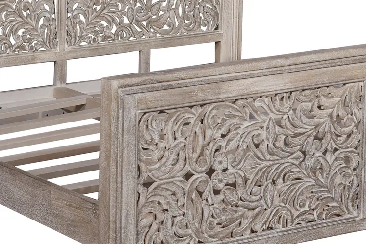 Gray Carved Scrollwork Distressed Solid Wood King Bed Frame