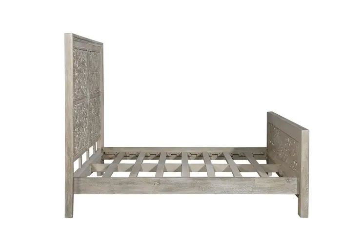 Gray Carved Scrollwork Distressed Solid Wood King Bed Frame