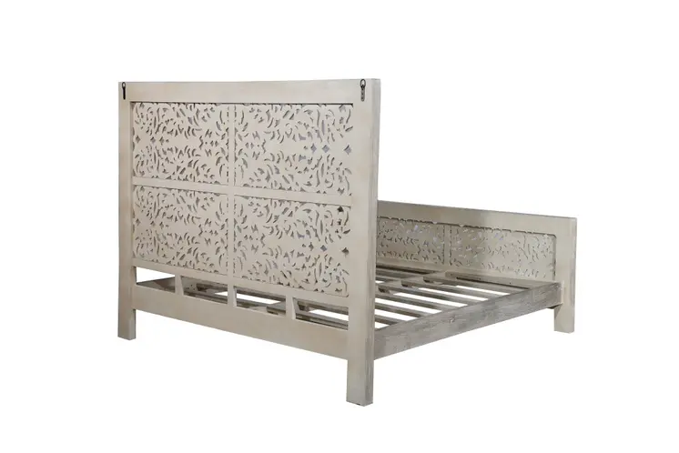 Gray Carved Scrollwork Distressed Solid Wood King Bed Frame