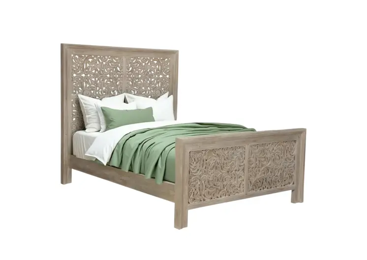 Gray Carved Scrollwork Distressed Solid Wood Queen Bed Frame