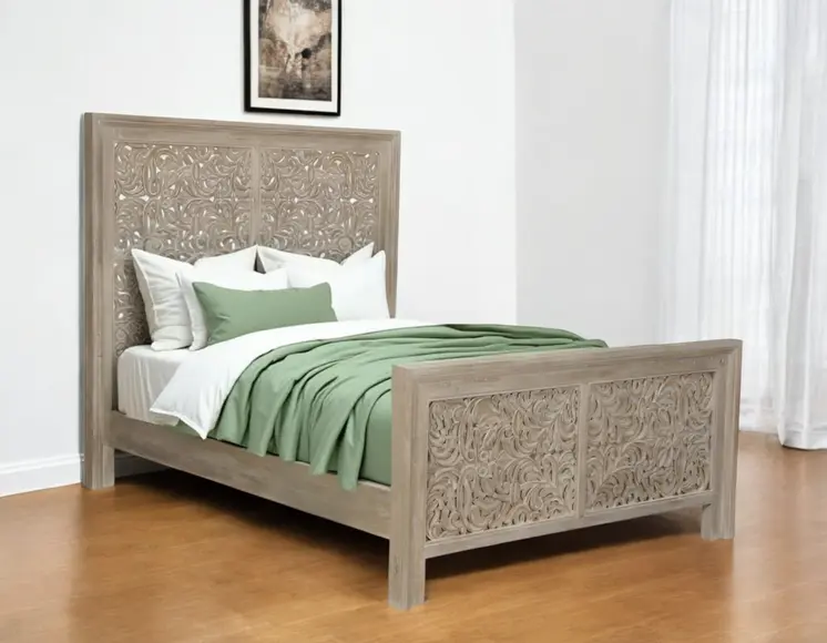 Gray Carved Scrollwork Distressed Solid Wood Queen Bed Frame