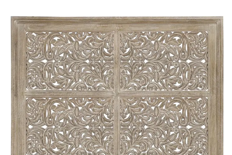 Gray Carved Scrollwork Distressed Solid Wood Queen Bed Frame