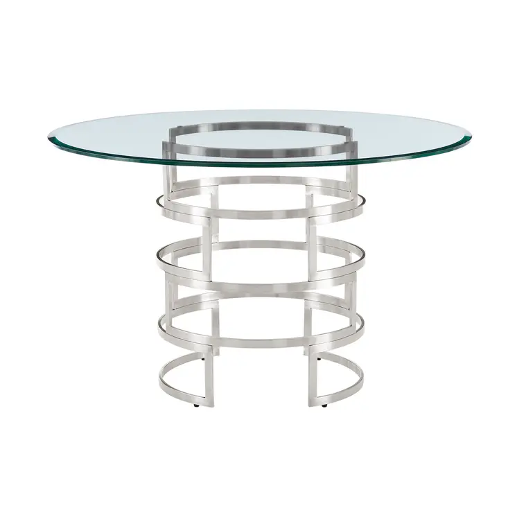48" Clear And Silver Glass And Stainless Steel Pedestal Base Round Top Dining Table
