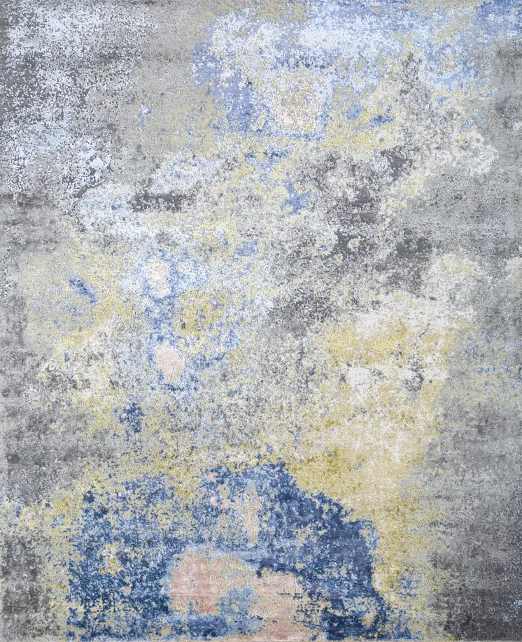 8' X 10' Ivory Blue and Gray Abstract Hand Knotted Area Rug