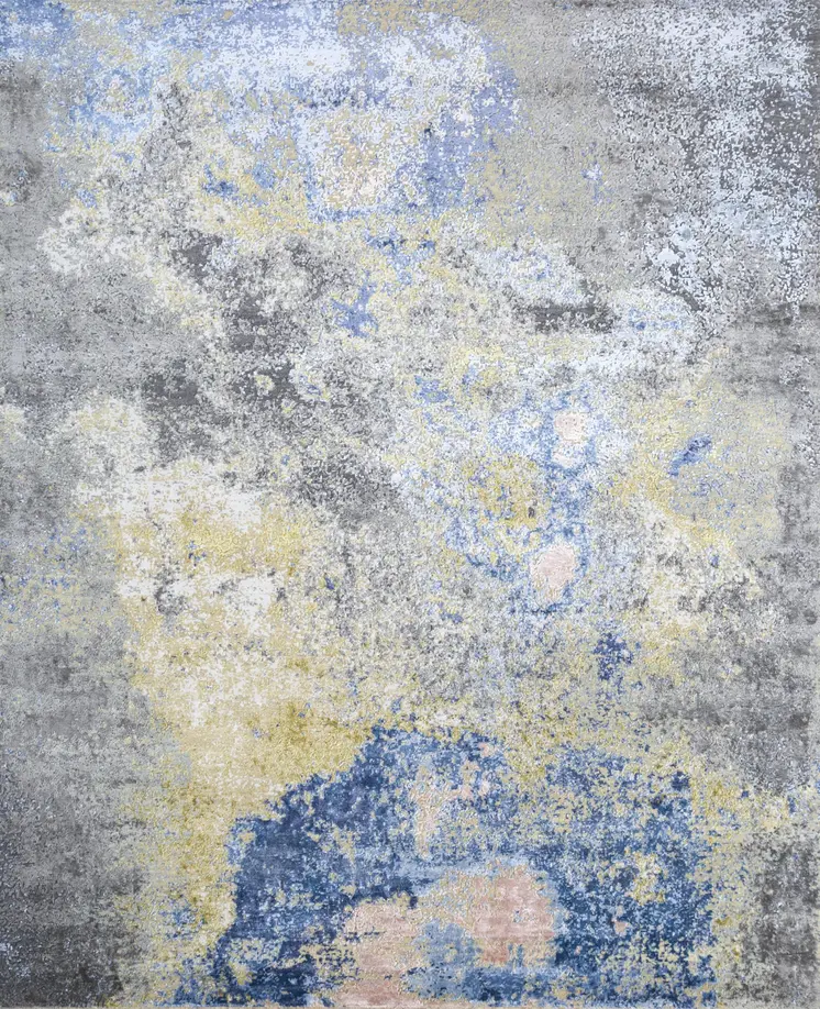 8' X 10' Ivory Blue and Gray Abstract Hand Knotted Area Rug