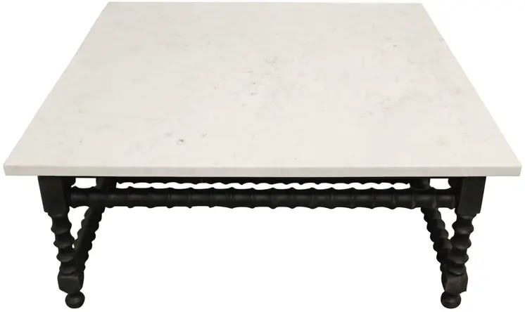 48" White And Black Genuine Marble And Solid Wood Square Coffee Table