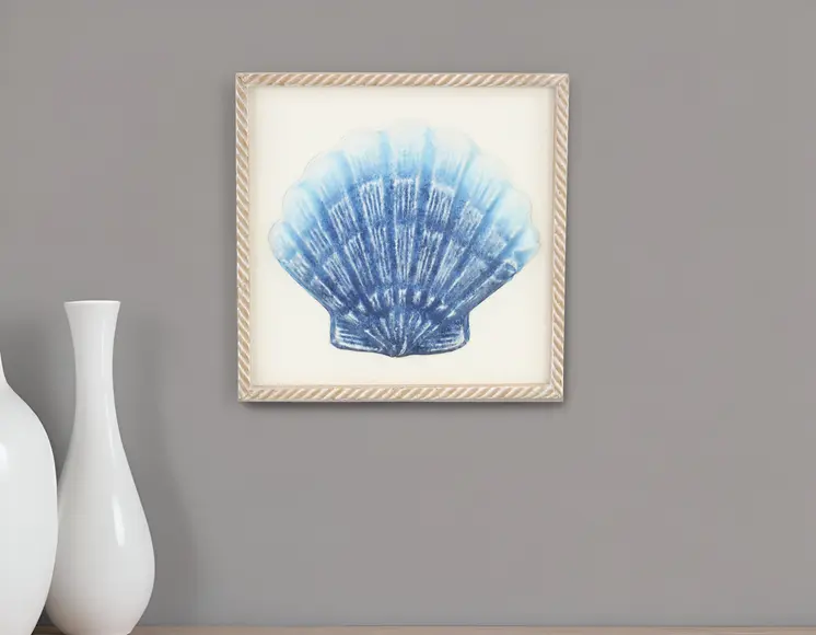 Blue and White Distressed Metal Sea Shell Brown Frame Wall Art