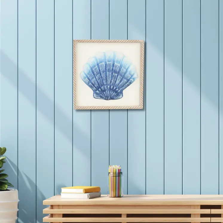 Blue and White Distressed Metal Sea Shell Brown Frame Wall Art