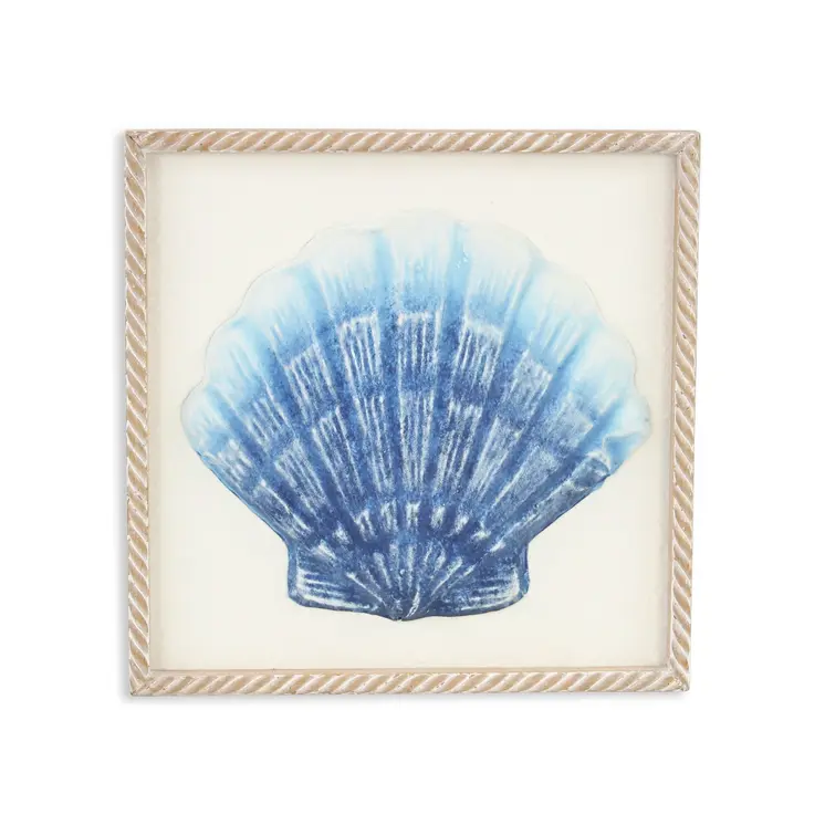 Blue and White Distressed Metal Sea Shell Brown Frame Wall Art