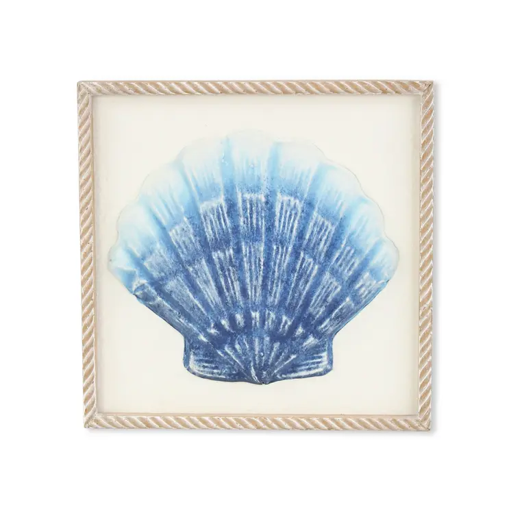 Blue and White Distressed Metal Sea Shell Brown Frame Wall Art