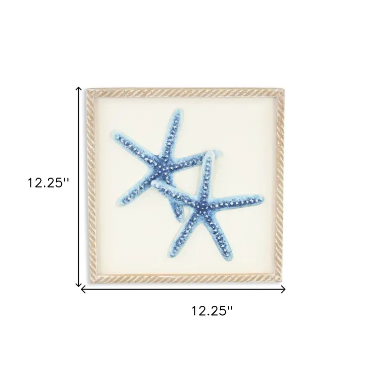 Blue and White Distressed Metal Starfish Framed Wall Art