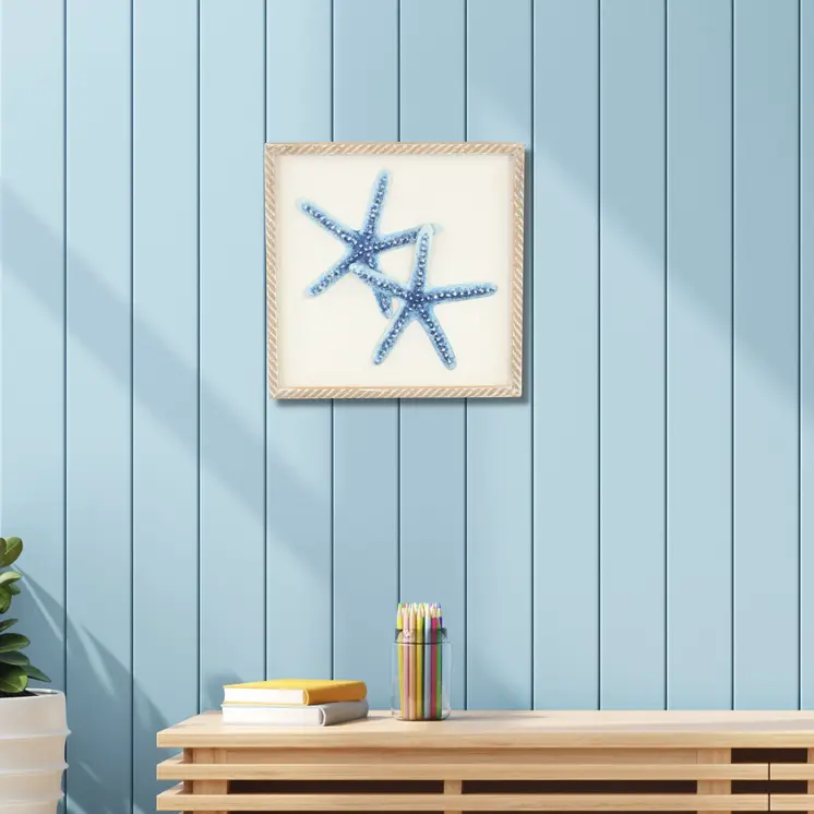 Blue and White Distressed Metal Starfish Framed Wall Art