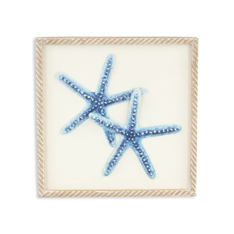 Blue and White Distressed Metal Starfish Framed Wall Art