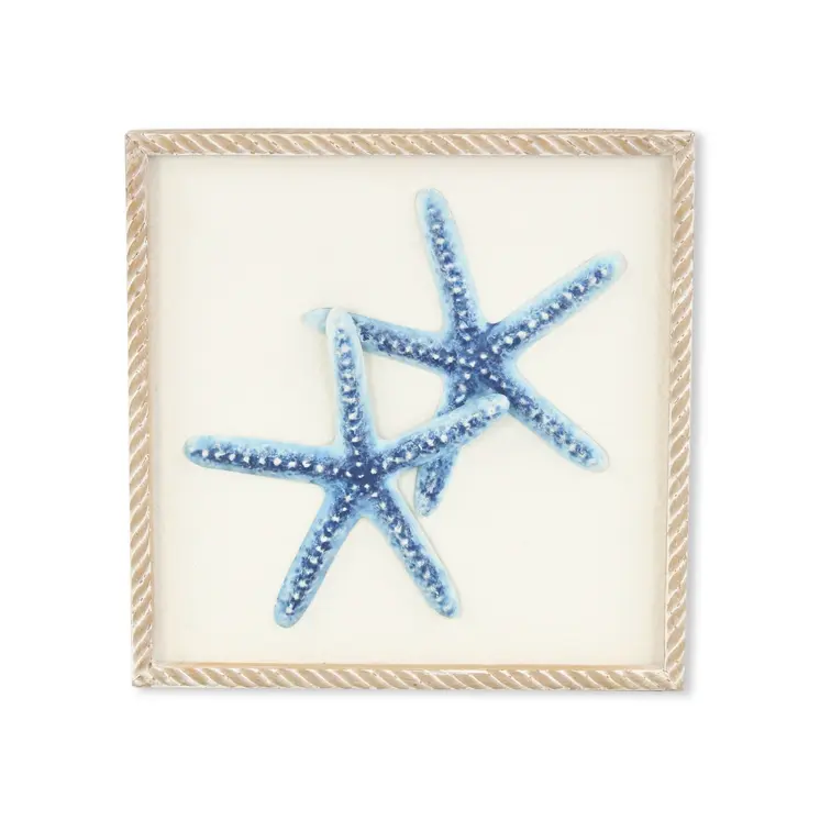 Blue and White Distressed Metal Starfish Framed Wall Art