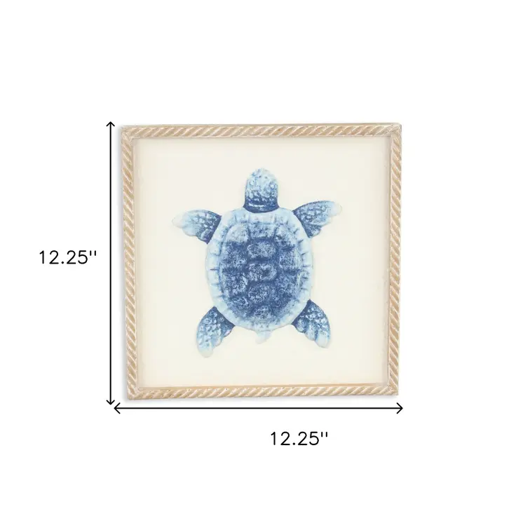 Blue and White Distressed Metal Sea Turtle Brown Frame Wall Art