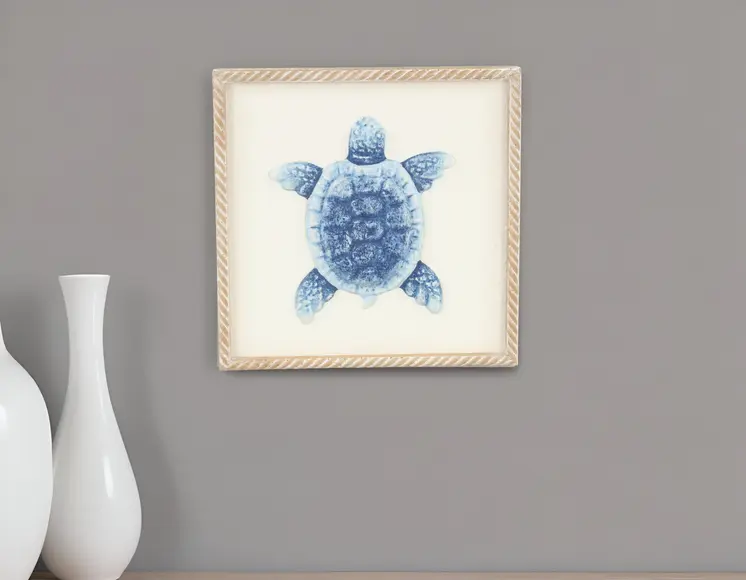 Blue and White Distressed Metal Sea Turtle Brown Frame Wall Art