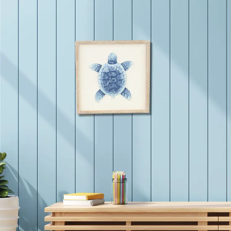 Blue and White Distressed Metal Sea Turtle Brown Frame Wall Art
