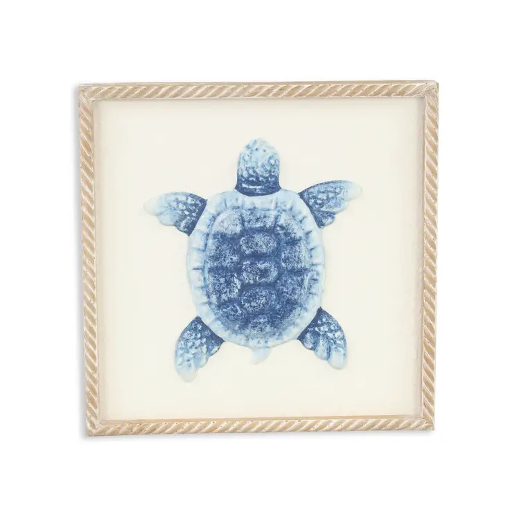 Blue and White Distressed Metal Sea Turtle Brown Frame Wall Art