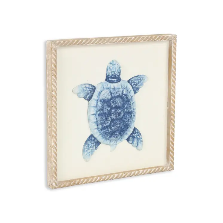 Blue and White Distressed Metal Sea Turtle Brown Frame Wall Art