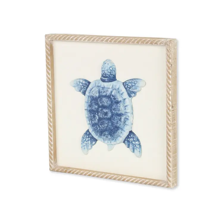 Blue and White Distressed Metal Sea Turtle Brown Frame Wall Art