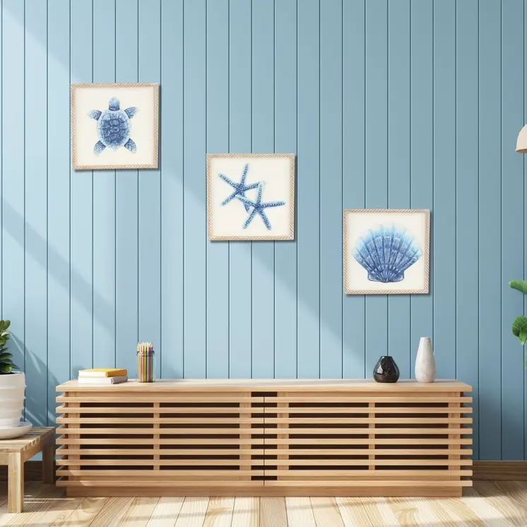 Blue and White Distressed Metal Sea Turtle Brown Frame Wall Art