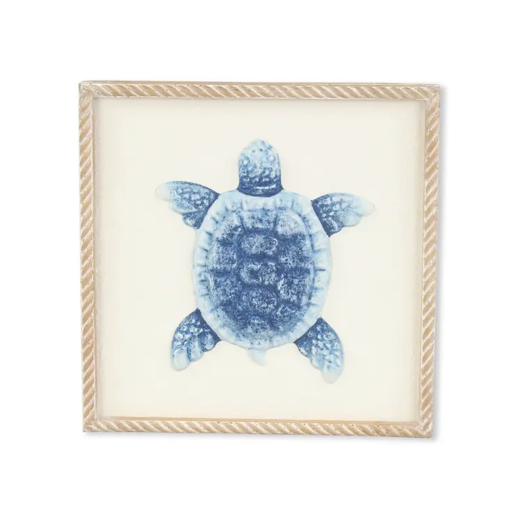 Blue and White Distressed Metal Sea Turtle Brown Frame Wall Art