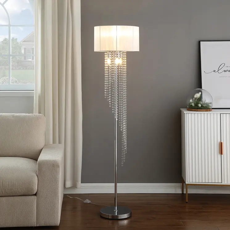66" Clear And Silver Crystal And Metal Floor Lamp With White Linen Drum Shade