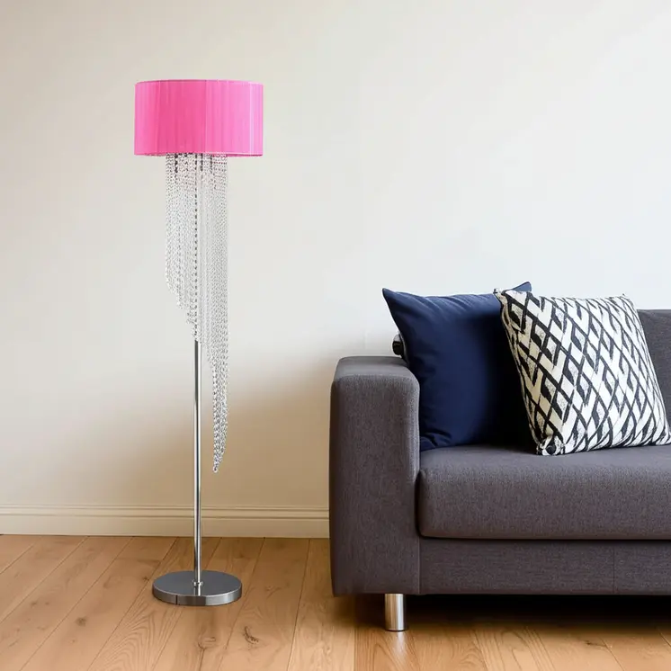 53" Clear And Silver Crystal And Metal Floor Lamp With Hot Pink Linen Drum Shade