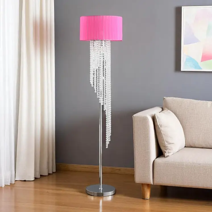 53" Clear And Silver Crystal And Metal Floor Lamp With Hot Pink Linen Drum Shade